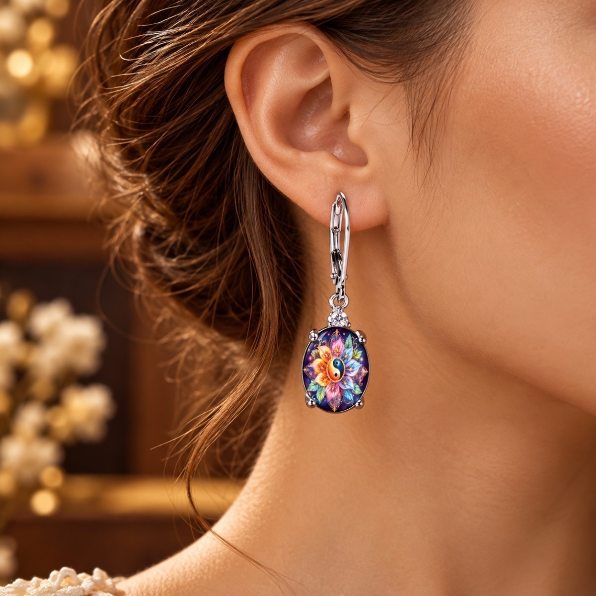 Colorful Mandala Flower Art Oval Pendant Earrings